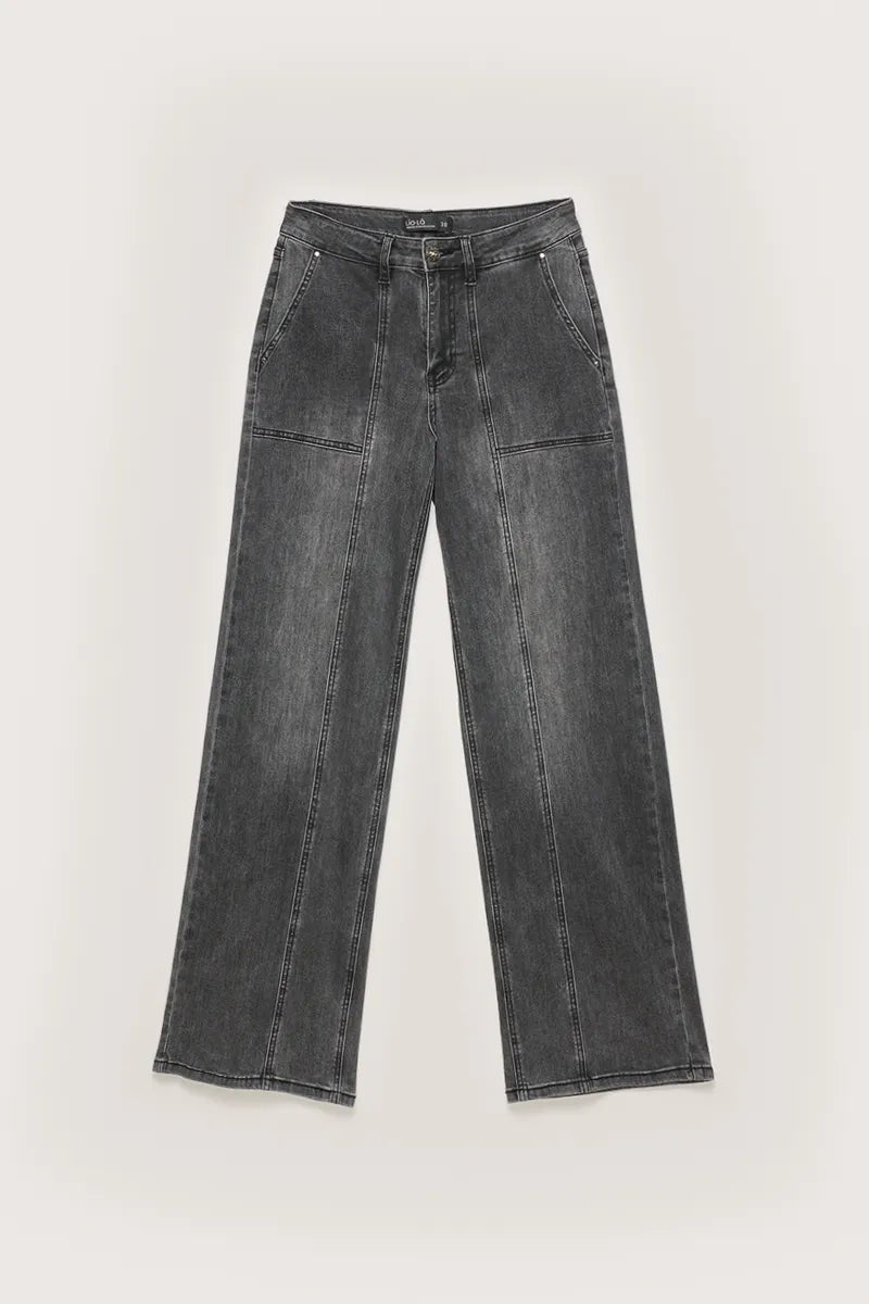Jeans Mujer Straight Tiro Medio Denim Gris