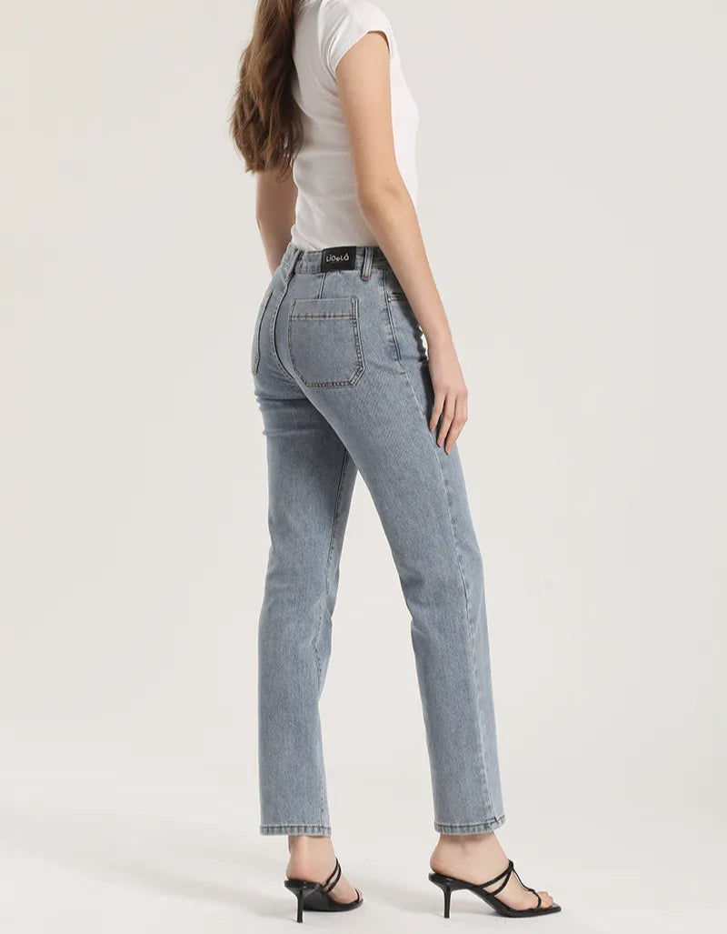 Jeans Mujer Slim Tiro Medio Alforza Denim Azul