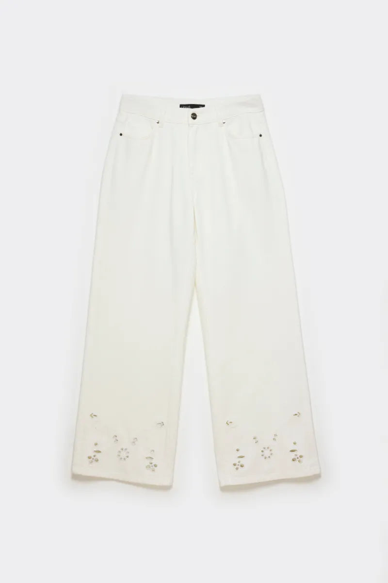 Jeans Mujer Color Wide Leg Tiro Alto Perforados Crudo