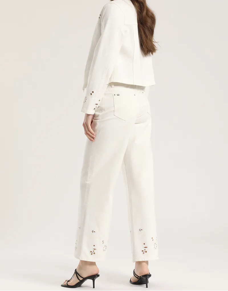 Jeans Mujer Color Wide Leg Tiro Alto Perforados Crudo