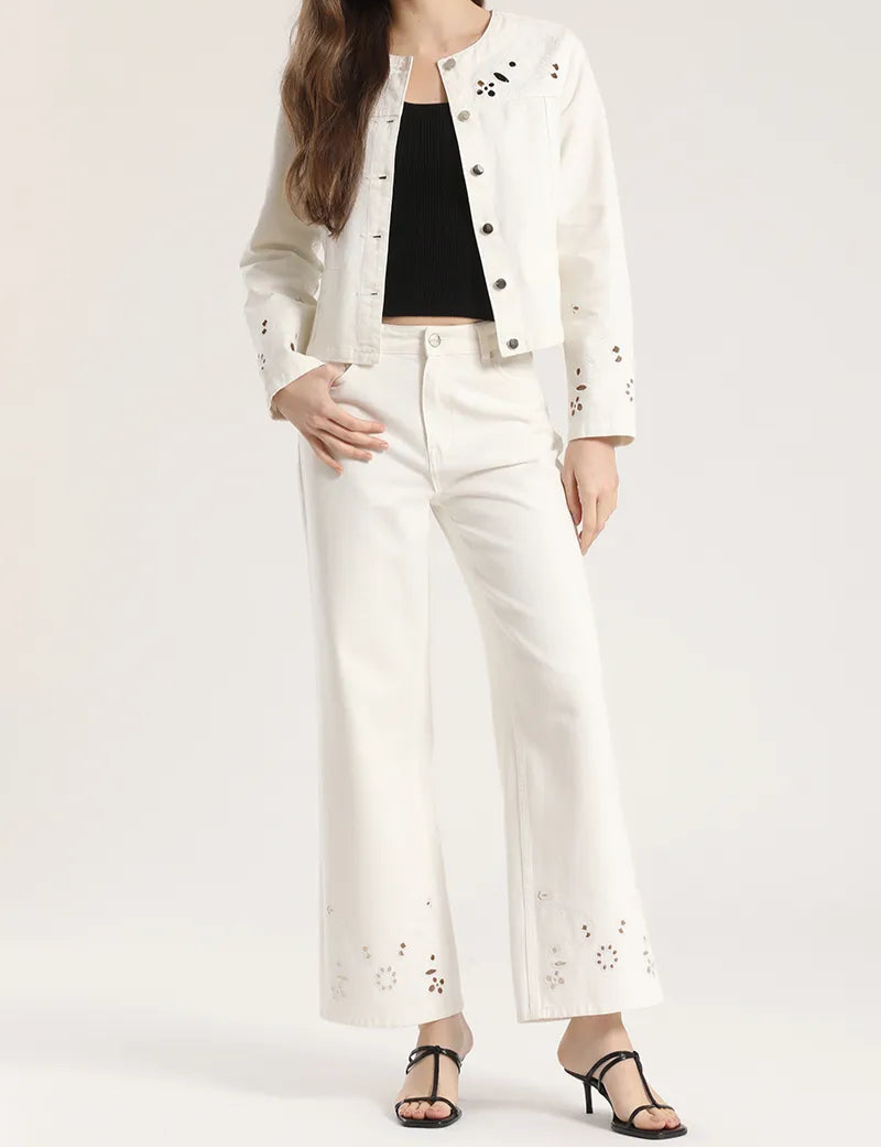 Jeans Mujer Color Wide Leg Tiro Alto Perforados Crudo