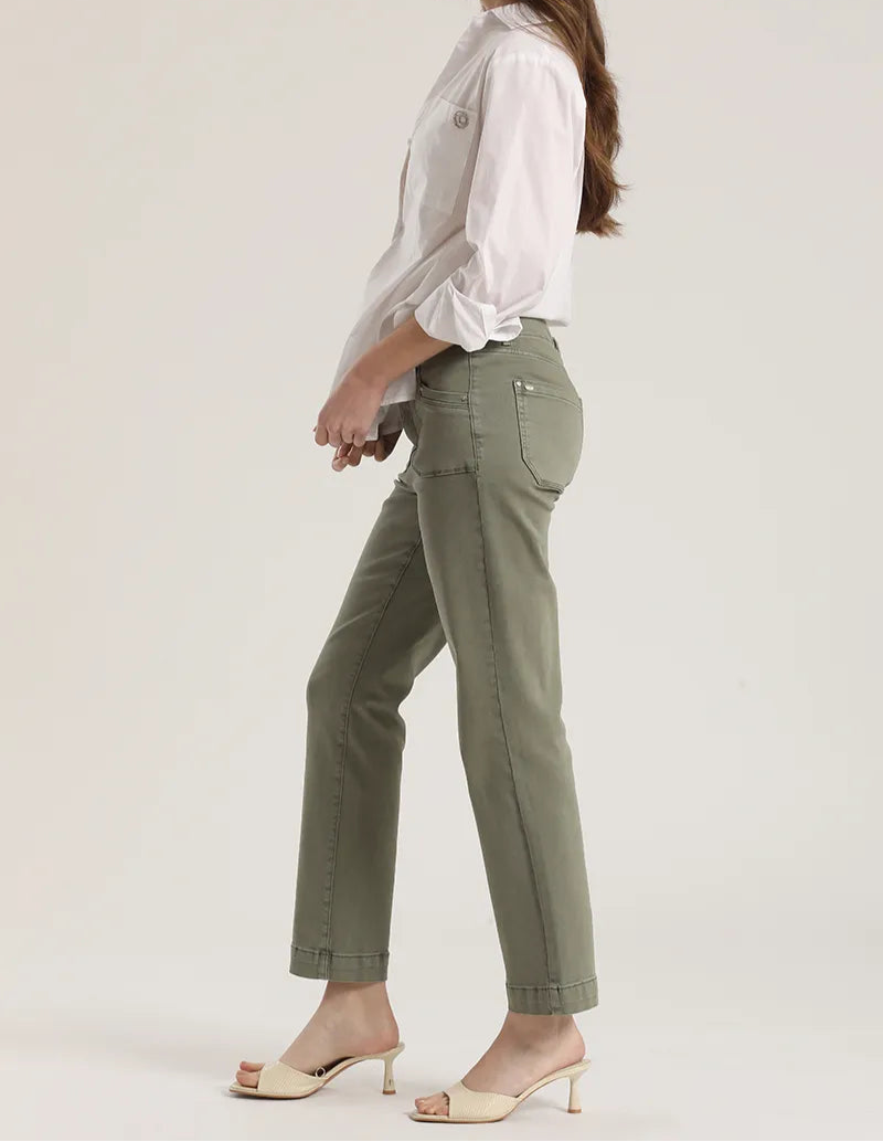 Jeans Mujer Color Slim Tiro Medio Militar