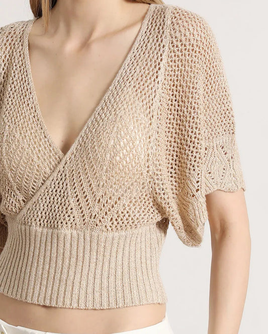 Tejido Mujer Punto Abierto Fantasia, Con Hilo Metalizado Beige