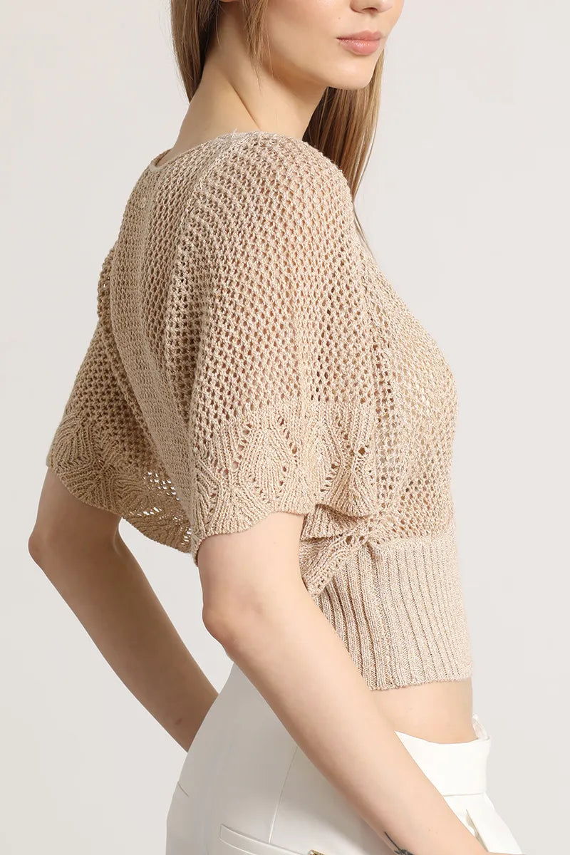 Tejido Mujer Punto Abierto Fantasia, Con Hilo Metalizado Beige