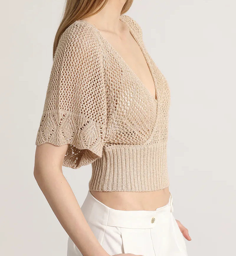 Tejido Mujer Punto Abierto Fantasia, Con Hilo Metalizado Beige
