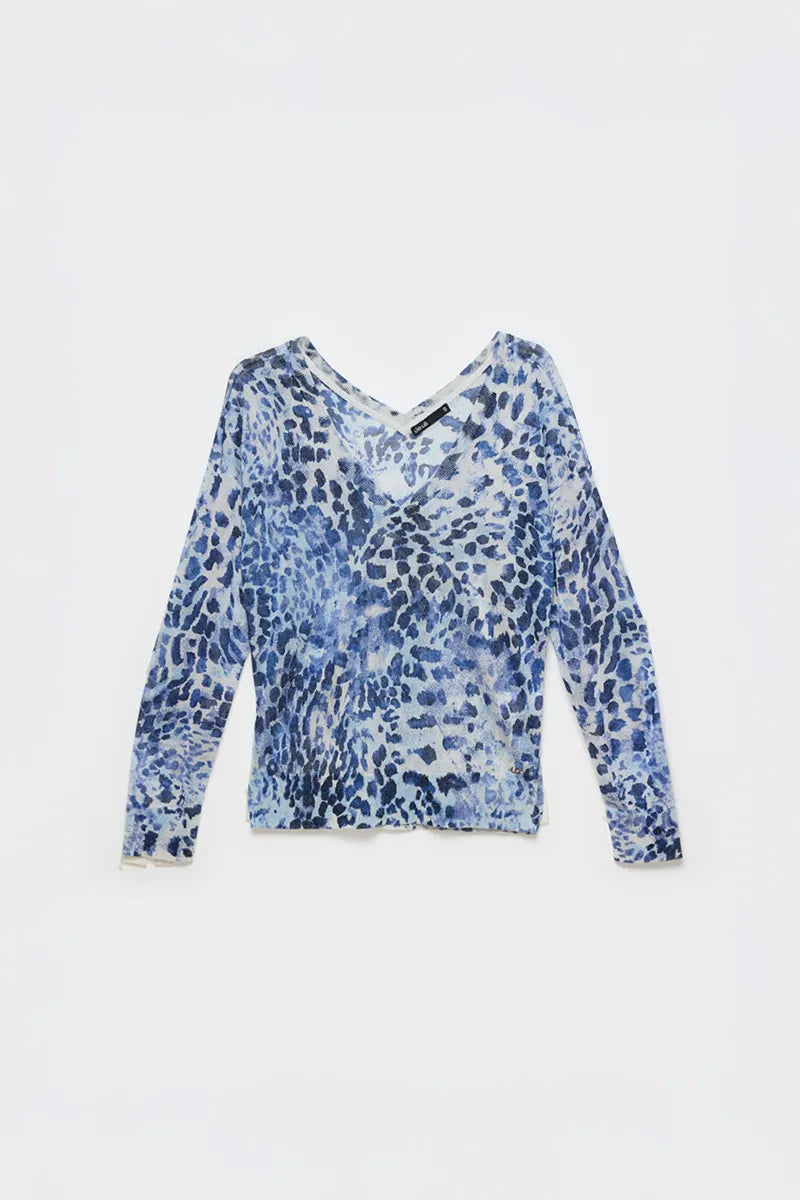 Sweater Mujer Tejido Punto Estampado Azul