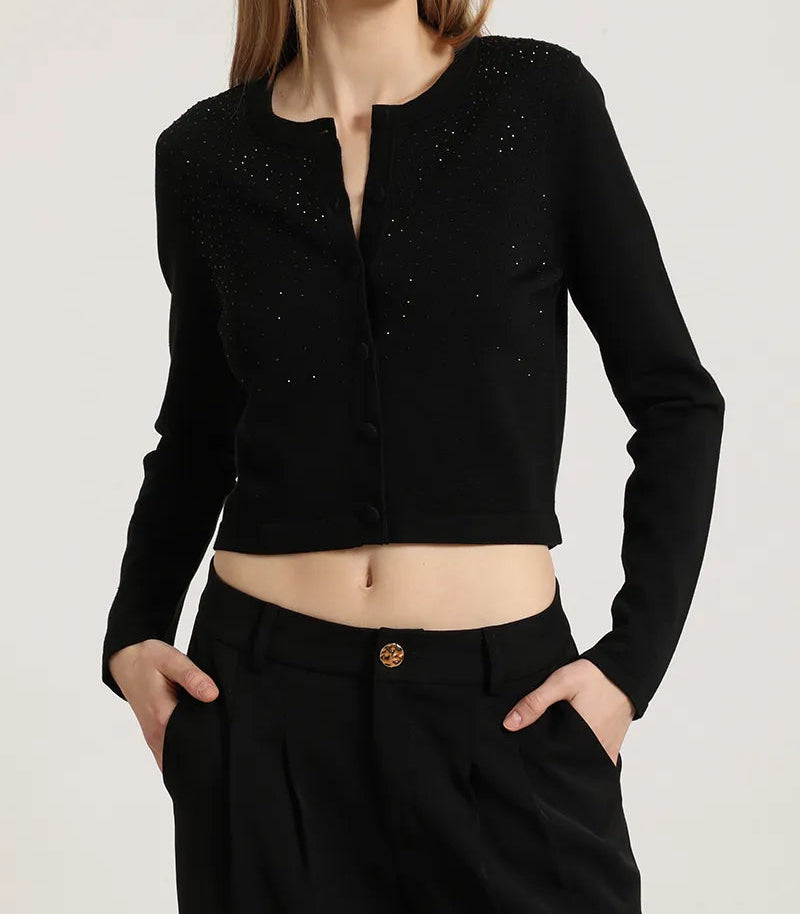 Cardigan Mujer Tejido Punto Aplicacion Strass Negro