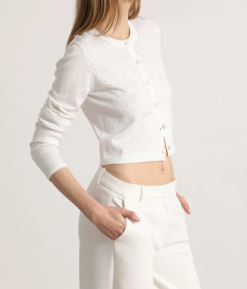 Cardigan Mujer Tejido Punto Aplicacion Strass Crudo