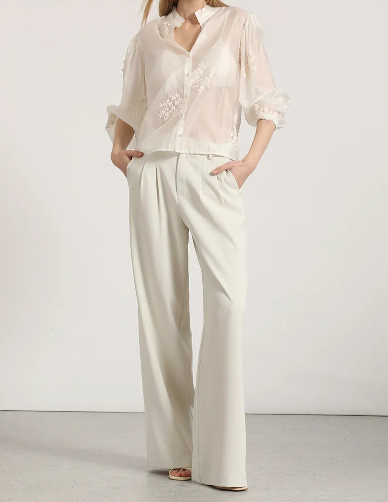 Pantalon Mujer Ancho Pinzas Tiro Alto Beige