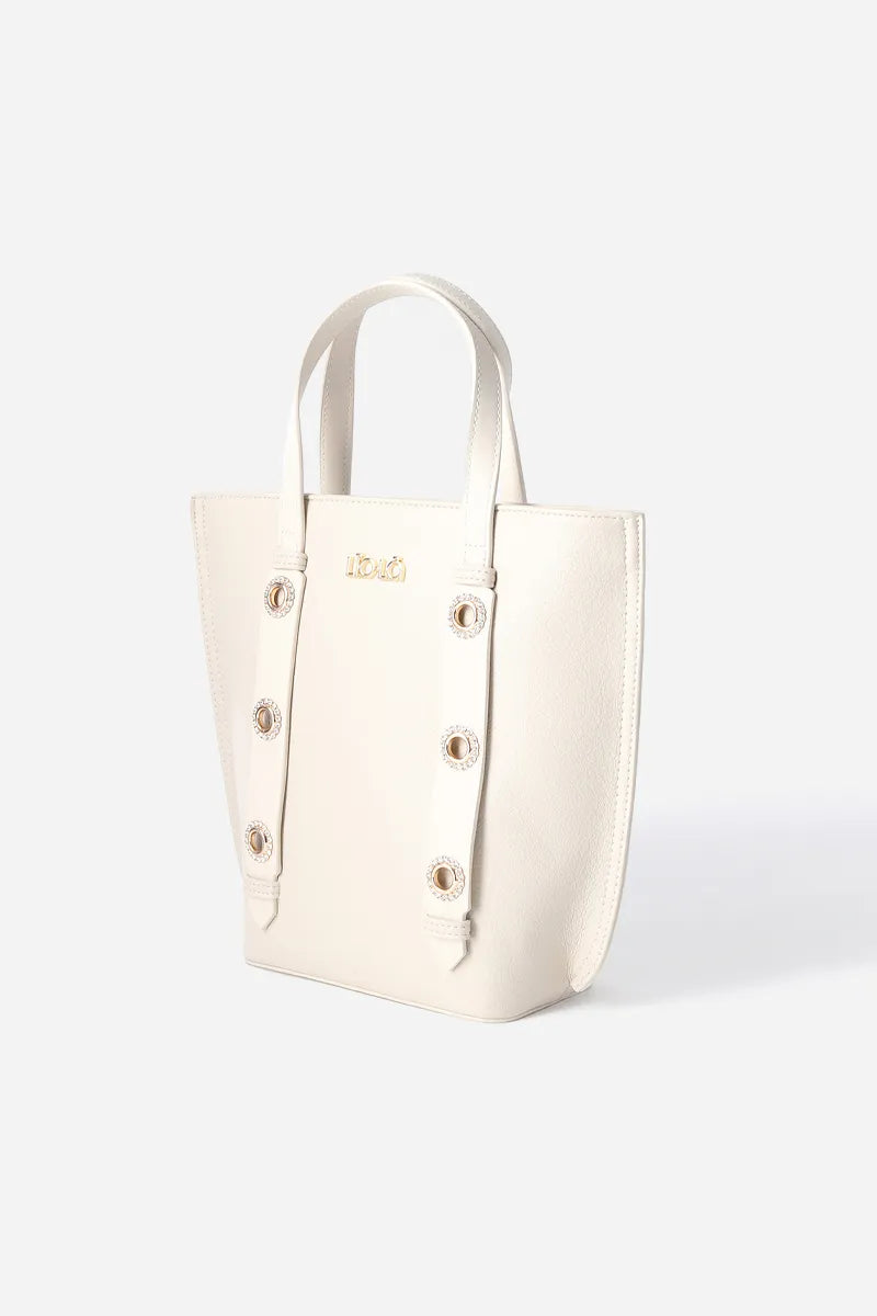 Cartera Mujer Mediana Simil Cuero Granulado Ojetillos Strass Beige