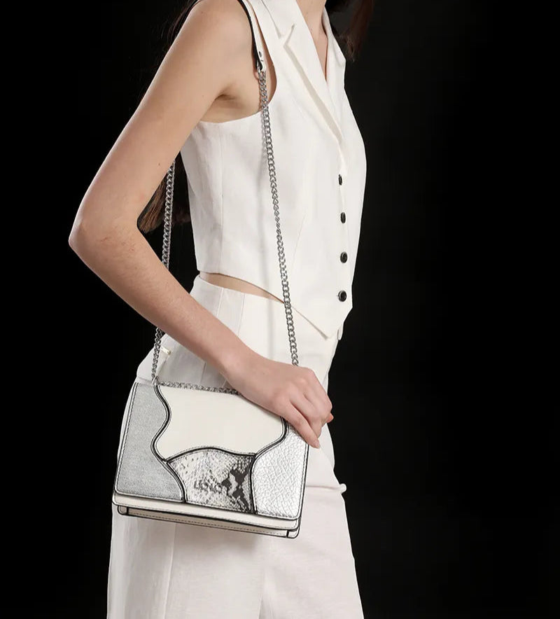 Cartera Mujer Mediana Simil Cuero Patchwork Folia Blanco