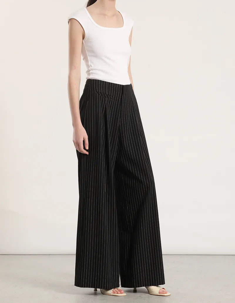 Pantalon Mujer Ancho Tiro Alto Listado Negro