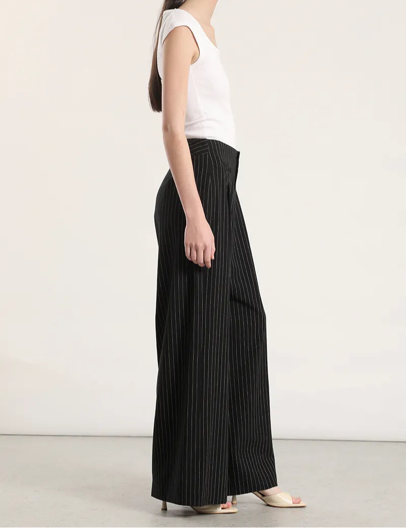 Pantalon Mujer Ancho Tiro Alto Listado Negro