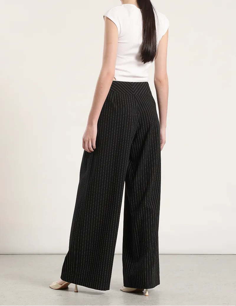 Pantalon Mujer Ancho Tiro Alto Listado Negro