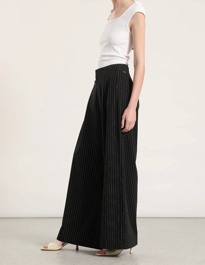 Pantalon Mujer Ancho Tiro Alto Listado Negro