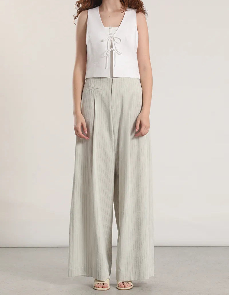 Pantalon Mujer Ancho Tiro Alto Listado Gris