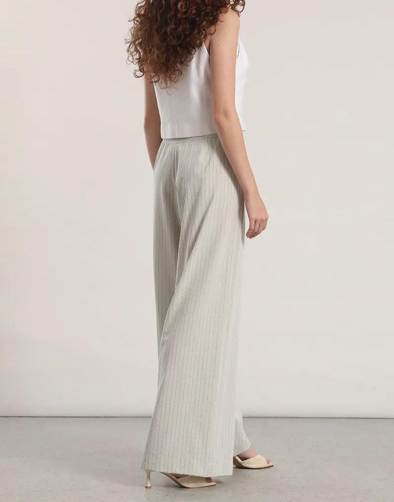 Pantalon Mujer Ancho Tiro Alto Listado Gris