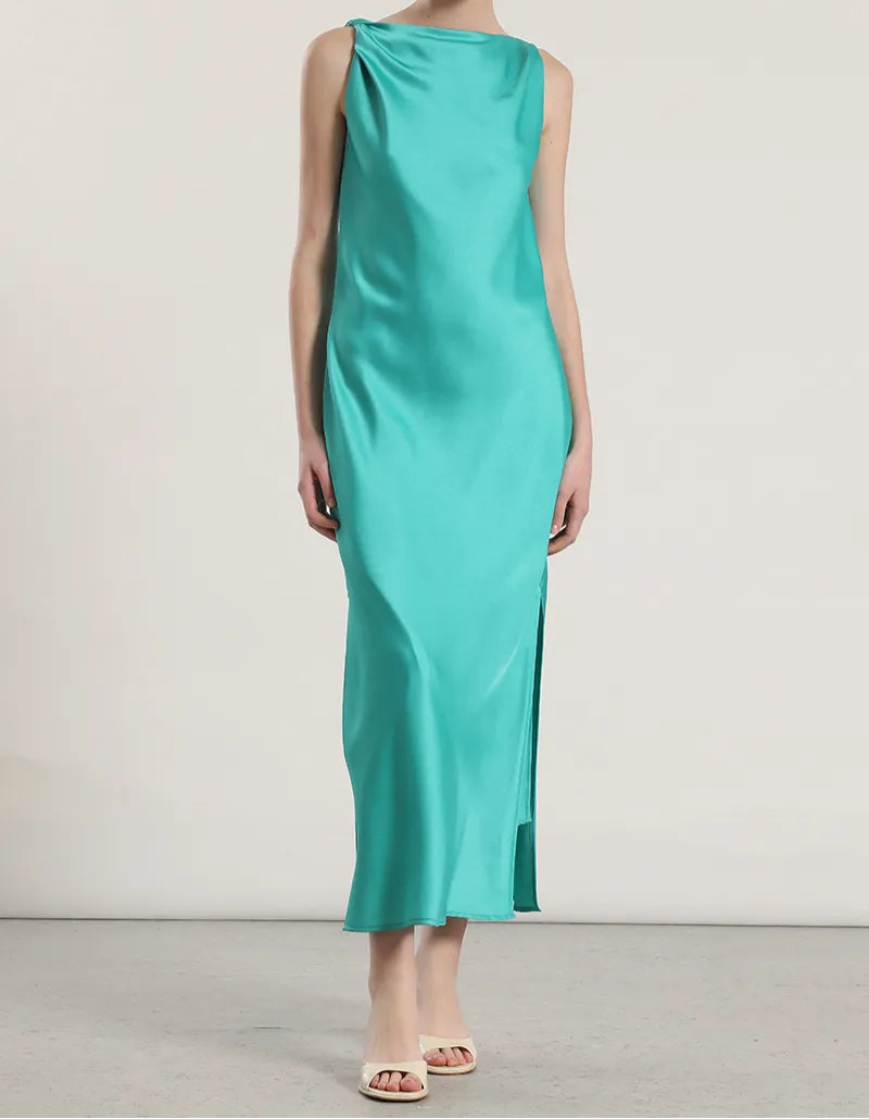 Vestido Mujer Maxi Sesgado Satin Verde