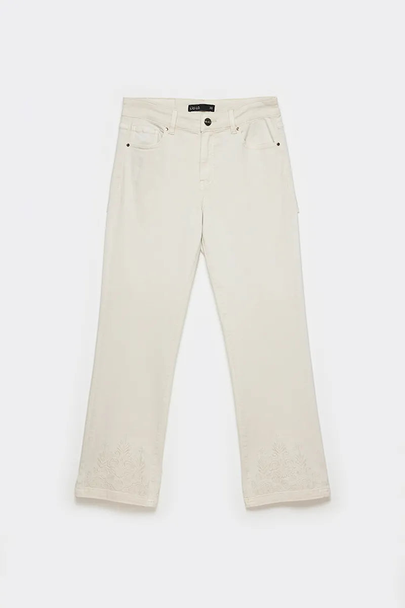 Jeans Mujer Color Slim Tiro Medio Bordado Masilla