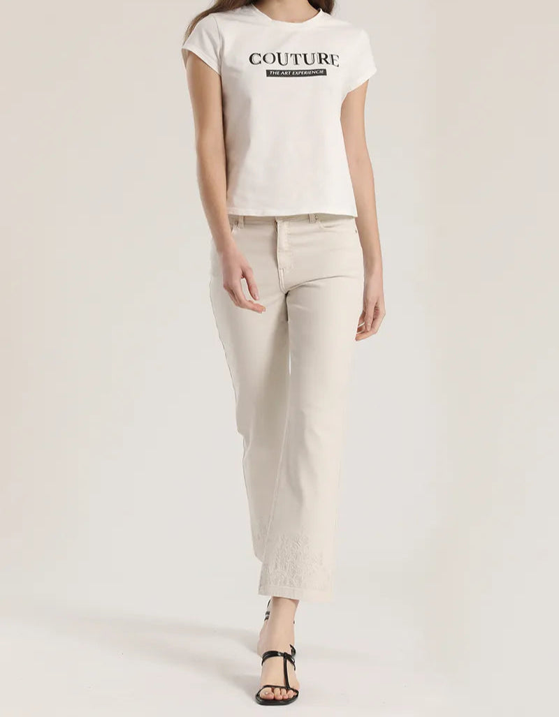 Jeans Mujer Color Slim Tiro Medio Bordado Masilla