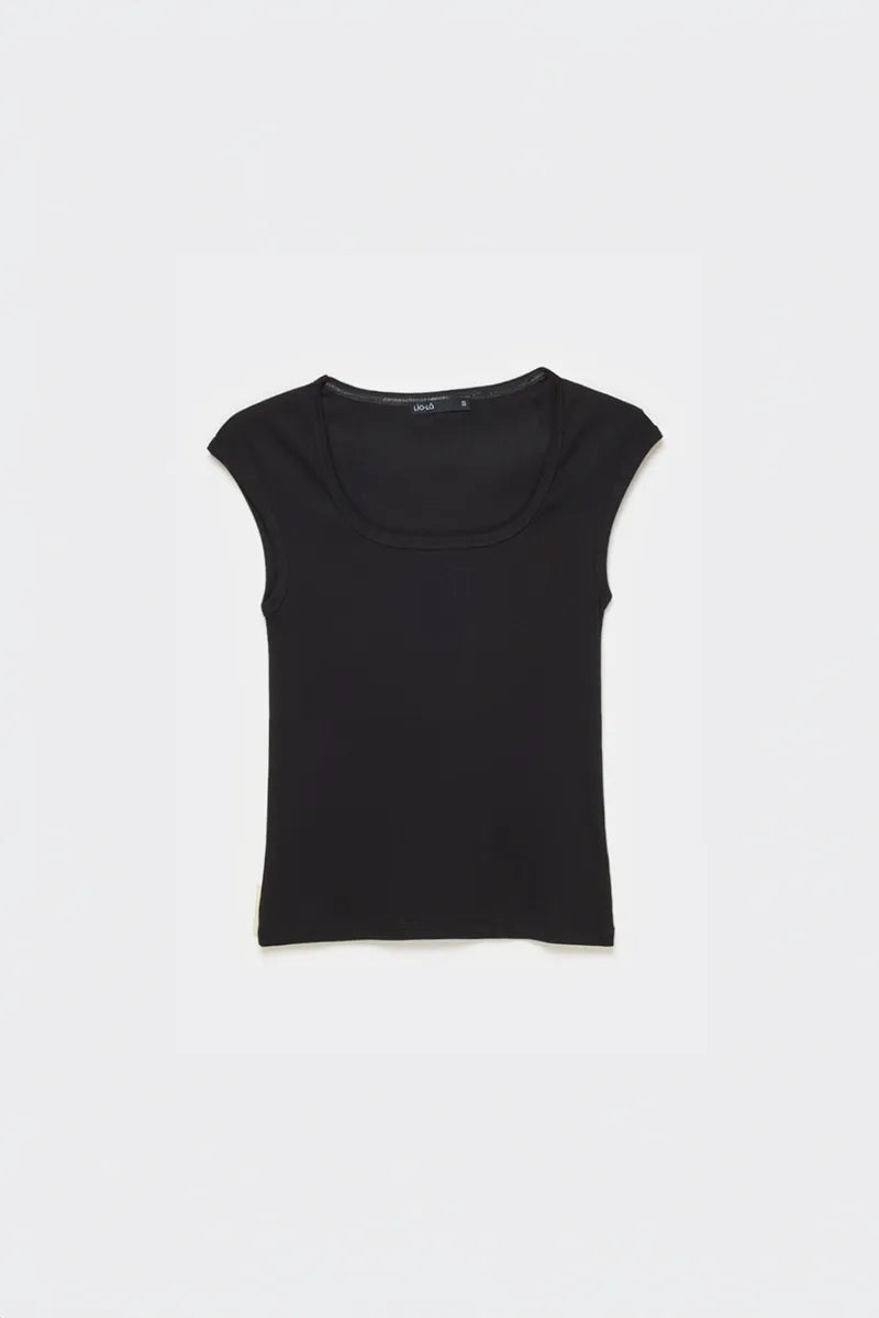 Polera Mujer Escotada Algodon Ribb Basica Negro