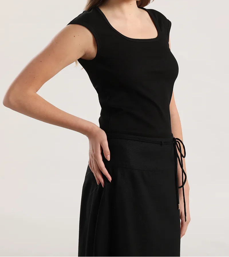 Polera Mujer Escotada Algodon Ribb Basica Negro