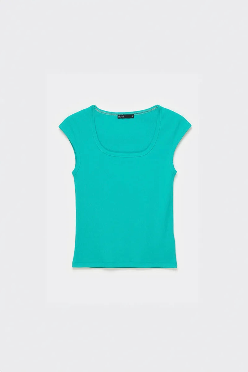 Polera Mujer Escotada Algodon Ribb Basica Turquesa