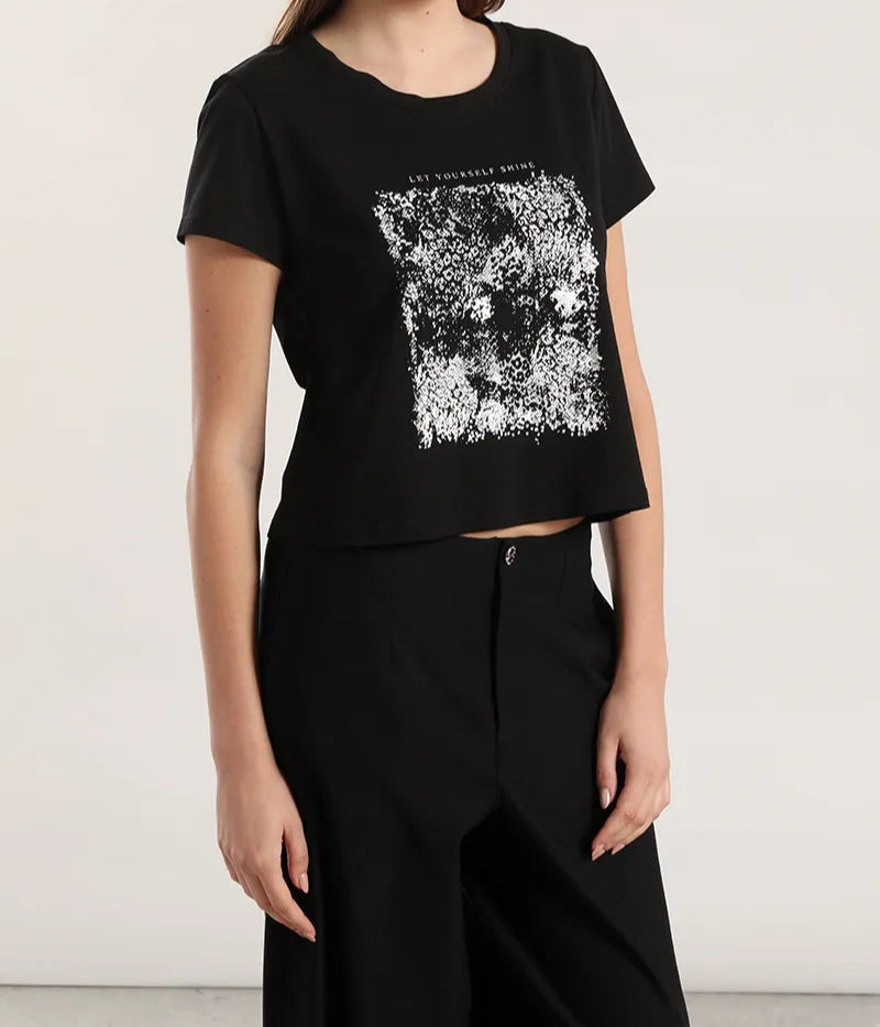 Polera Mujer Algodon Spandex Estampado Animal Negro