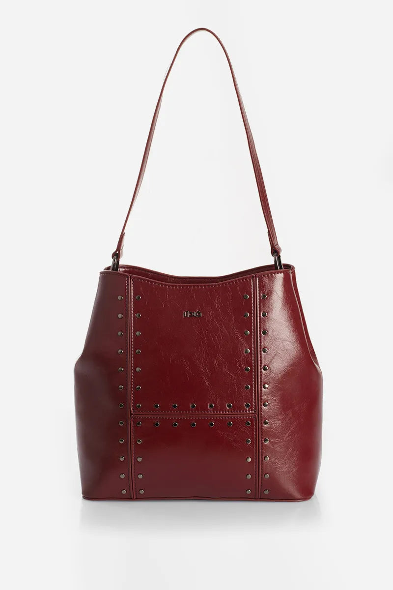 Cartera Mujer Tachas Simil Cuero Burdeo