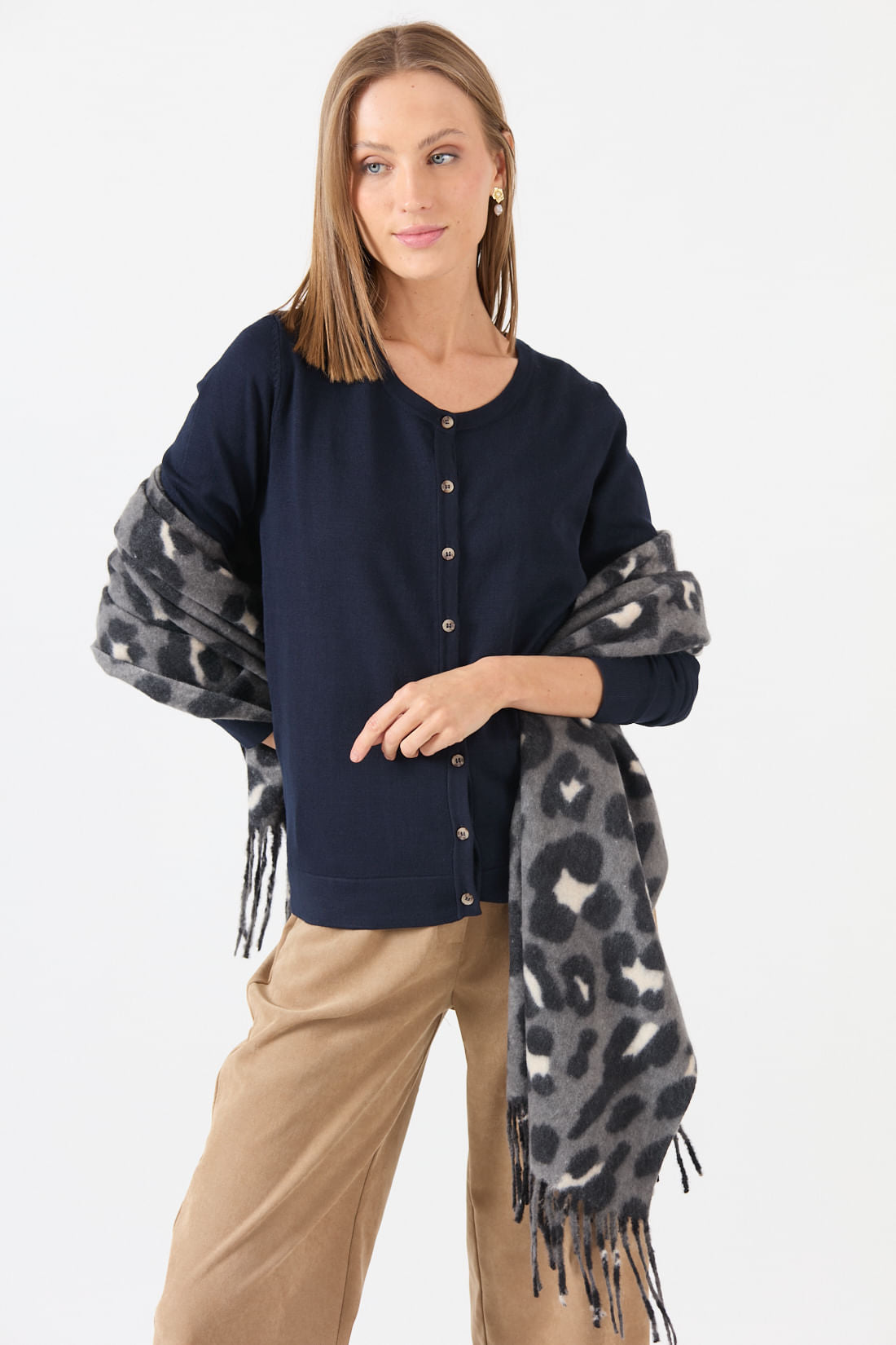 Cardigan Mujer Cuello Redondo Azul Marino