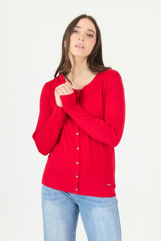 cardigan-mujer-botones-rojo