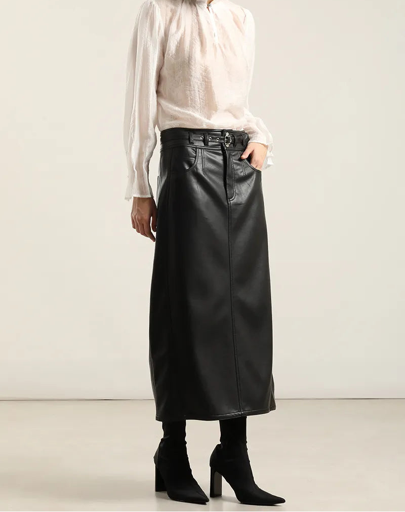 Falda Mujer Midi Efecto Cuero Negro