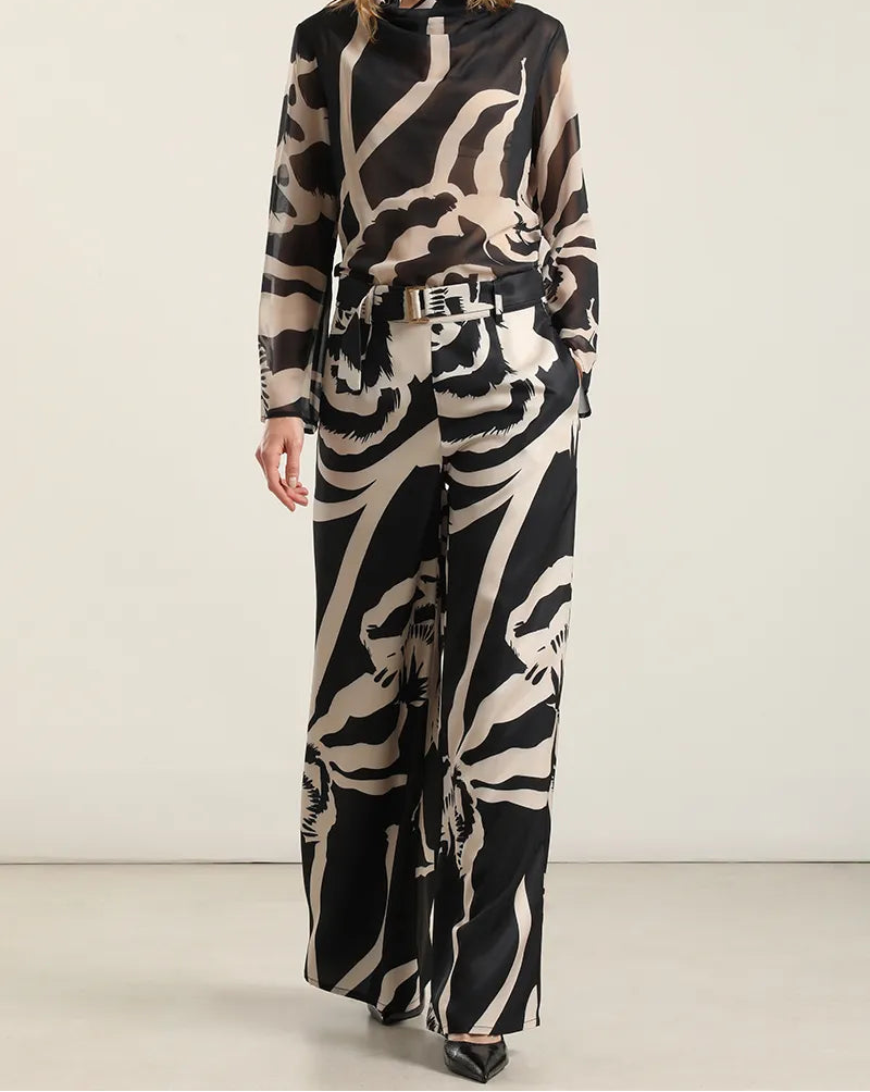 Pantalon Mujer Ancho Estampado Negro