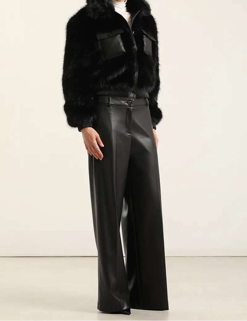 Chaqueton Mujer Efecto Cuero Piel Negro