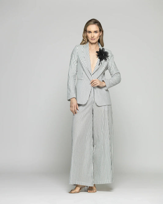 Blazer Mujer Liatris Largo Clásico Algodón Rayas Negro Y Blanco Ludovica