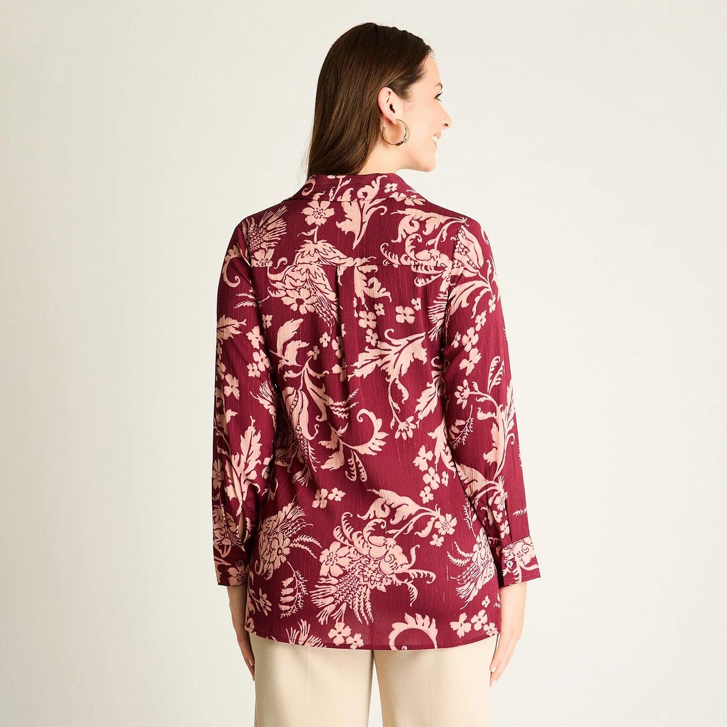 Blusa Mujer Burdeo Estampada Manga Larga
