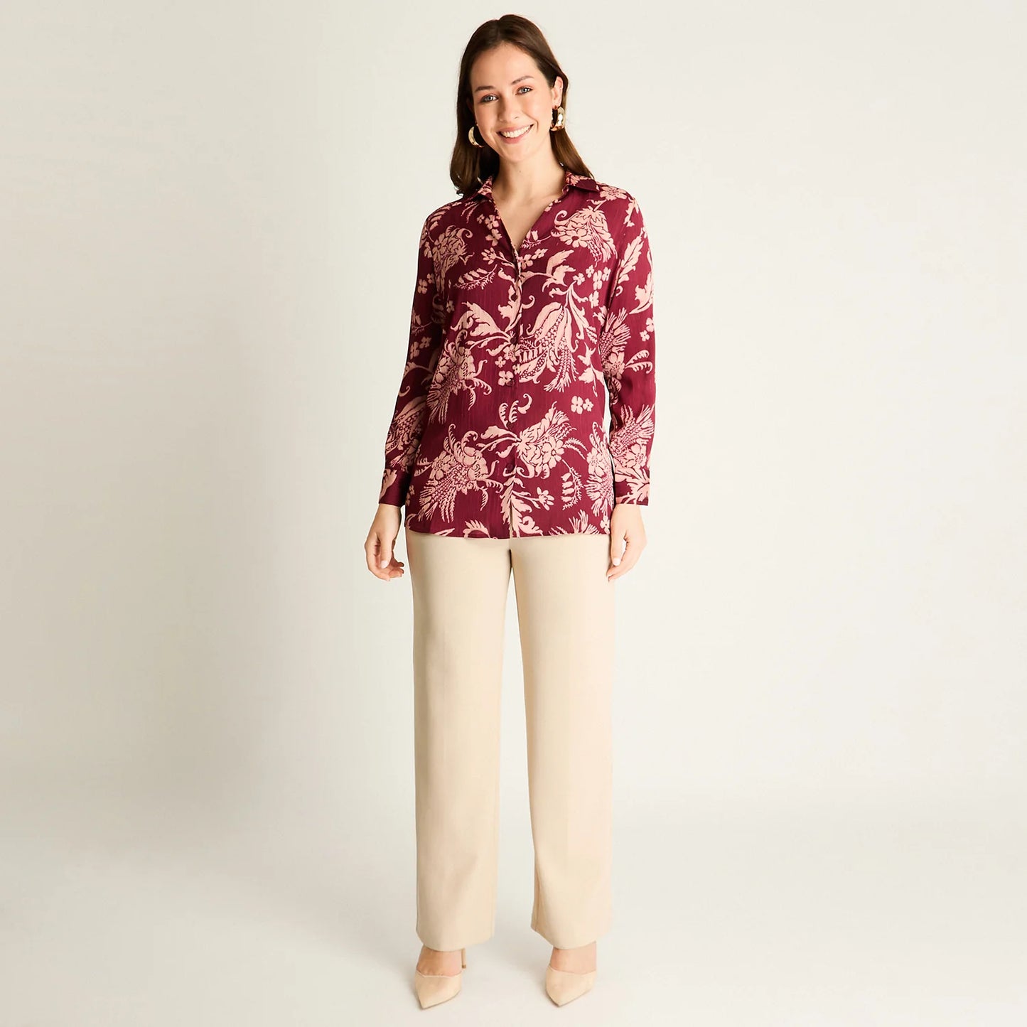 Blusa Mujer Burdeo Estampada Manga Larga