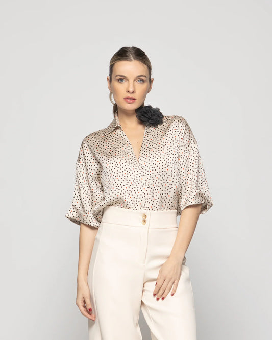 Blusa Mujer Boronia Escote V Estampado Lunares Colores Beige Ludovica