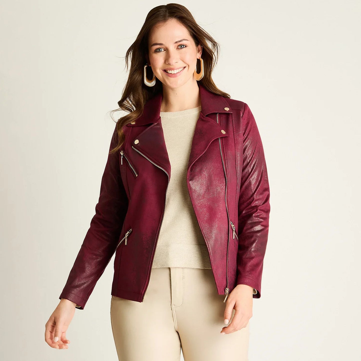 Chaqueta Mujer Burdeo con Cierres Decorativos