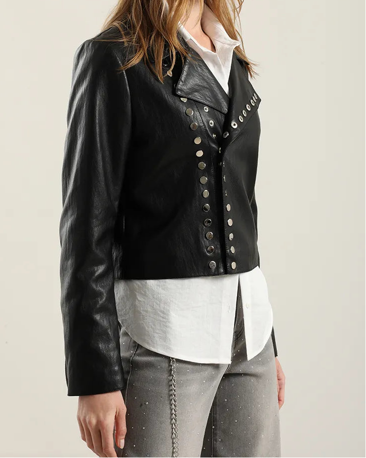 Chaqueta Mujer Biker Efecto Cuero Negro