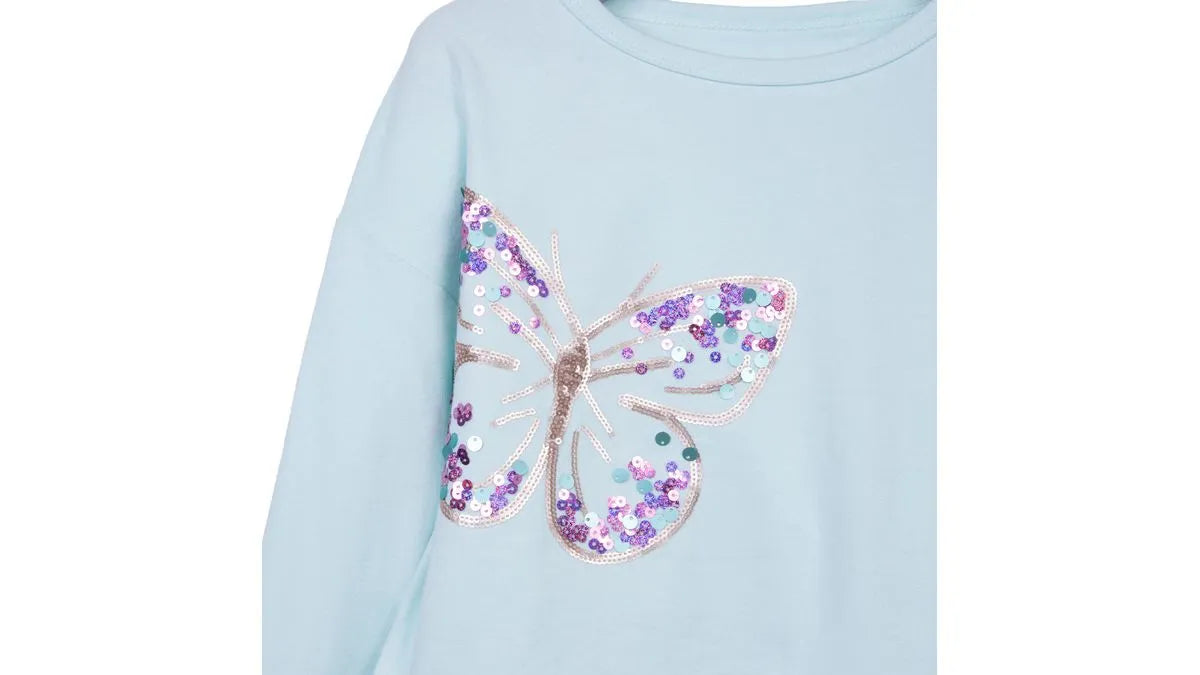 Polera Niña Manga Larga con Vuelo y Lentejuelas Aqua