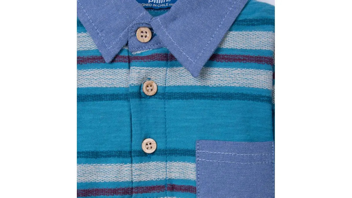Polera Bebé Niño Manga Larga a Rayas Cuello Chambray Azul
