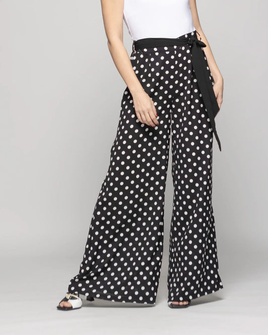 Pantalón Mujer Brionia Palazzo Viscosa Con Lazo Lunares Blancos Negro Ludovica