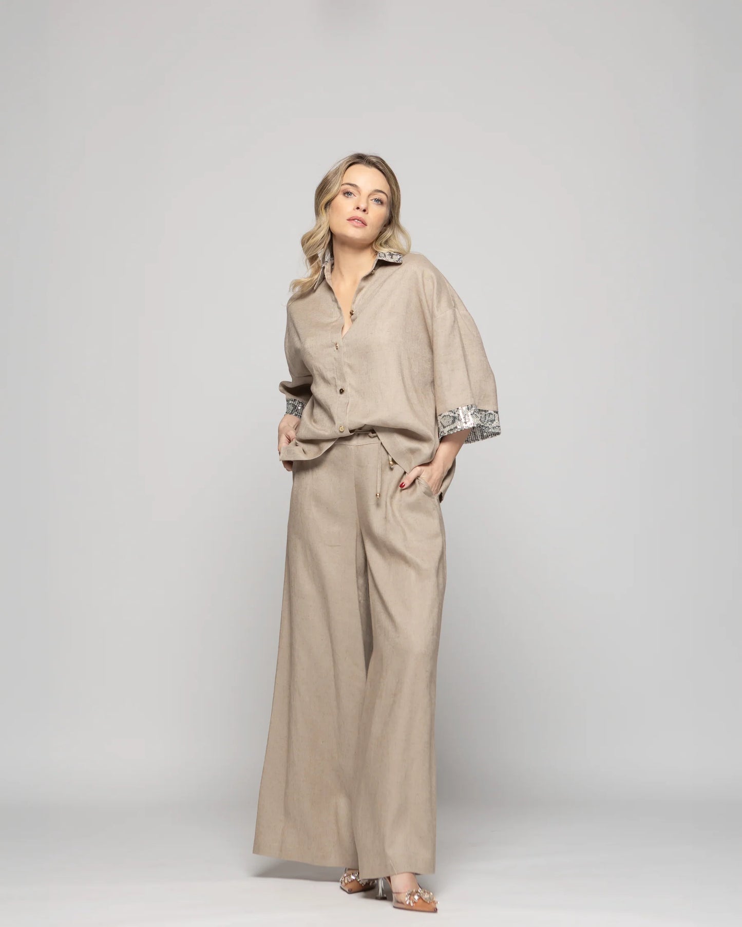 Pantalón Mujer Fresia Viscosa Lino Palazzo Beige Ludovica