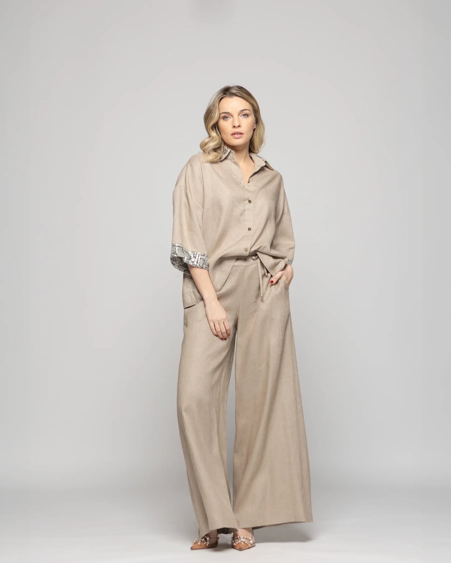 Pantalón Mujer Fresia Viscosa Lino Palazzo Beige Ludovica