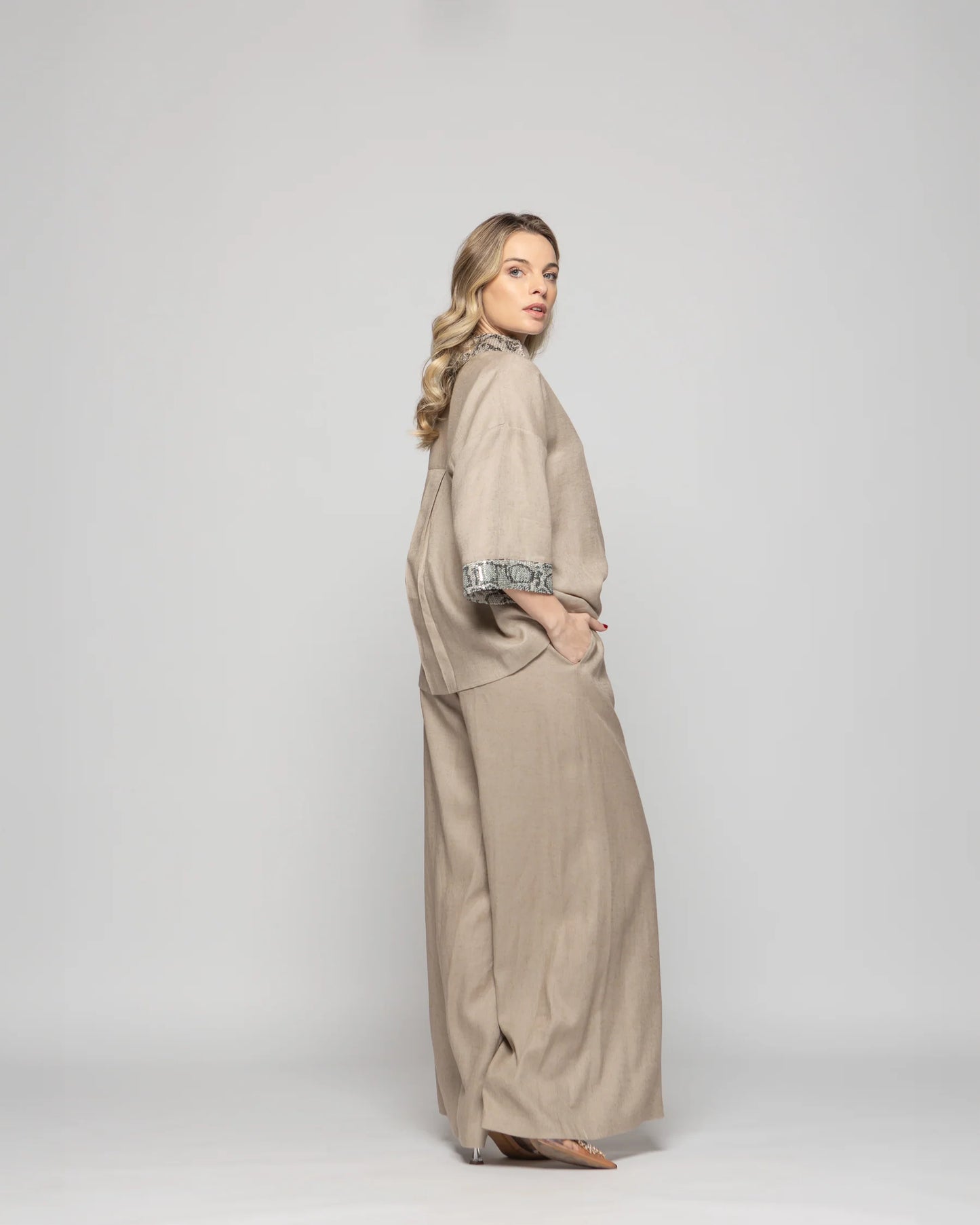 Pantalón Mujer Fresia Viscosa Lino Palazzo Beige Ludovica