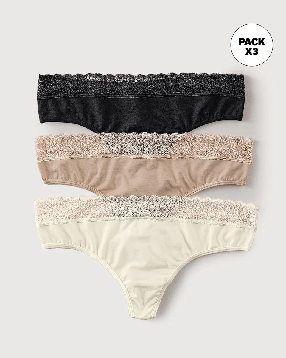 Tripack Brasileras Mujer Algodón Elástico Con Detalle En Encaje Negro/Café Claro/Blanco