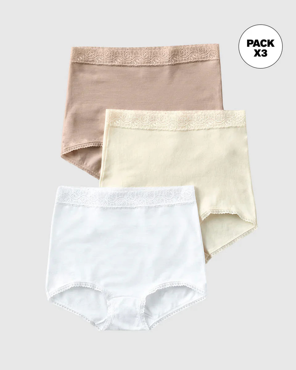 Tripack Calzón Mujer Clásico de Ajuste y cubrimiento Total Café/Blanco/Marfil/Negro