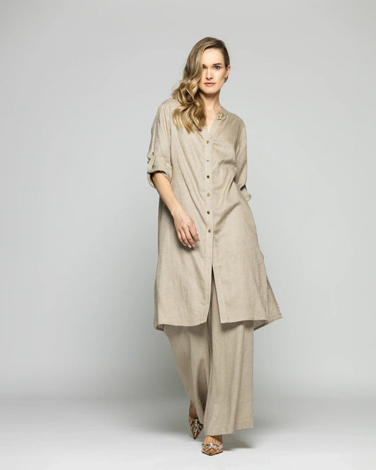 Túnica Vestido Mujer Vinca Camisero Cuello Mao Manga 34 Beige Ludovica