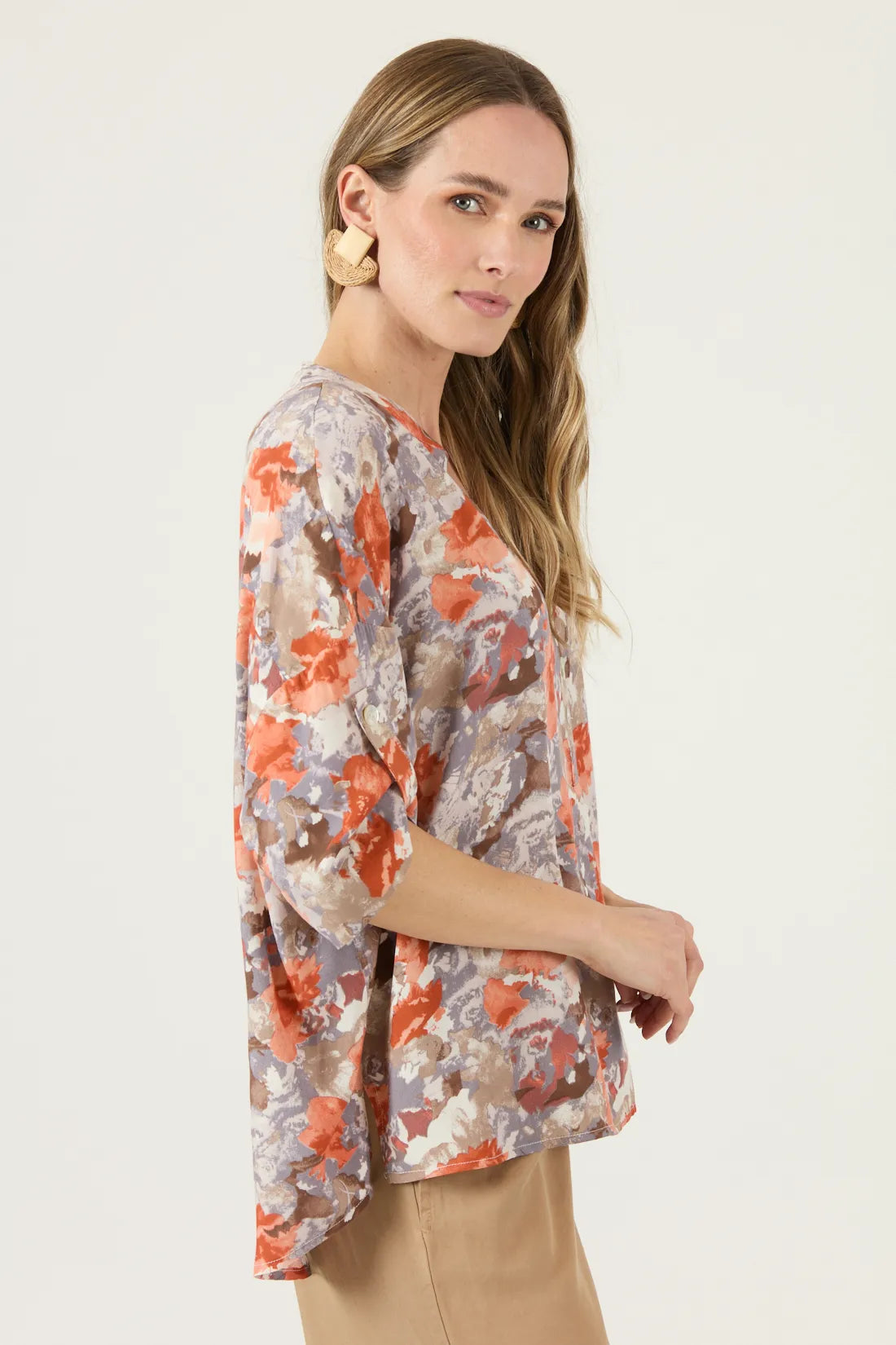 Blusa Mujer Manga Corta Cuello Mao Naranjo